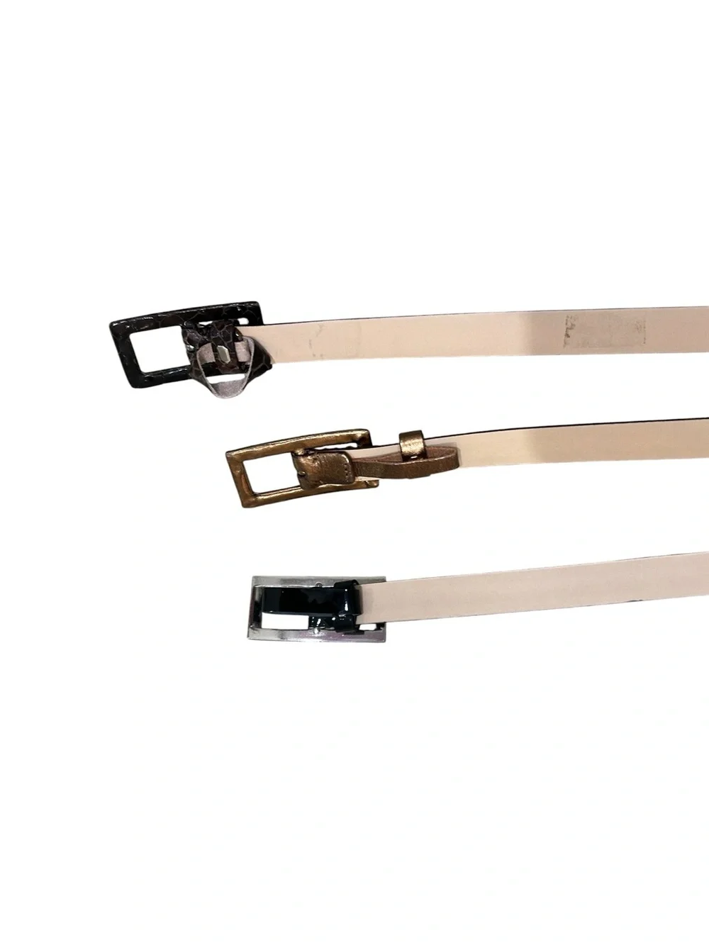 banana republic 3 Thin Leather Belt Set Bronze, croc brown, Black patent size xs